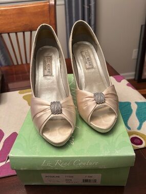 Benjamin Walk Satin Peep-Toe Heels with Rhinestone Buckle - Ivory